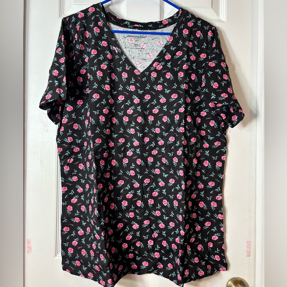 Woman Within Black and Pink Short Sleeve V neck Tee